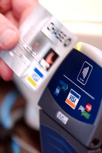 Chase's Blink technology uses an RFID chip embedded in the card to process transactions with the mere wave of the hand. Chase's Blink technology uses an RFID chip embedded in the card to process transactions with the mere wave of the hand.